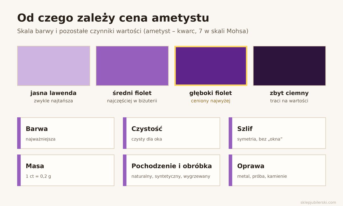Ametyst – cena zależy od barwy (od jasnej lawendy do głębokiego fioletu), czystości, szlifu, masy, pochodzenia i obróbki oraz oprawy