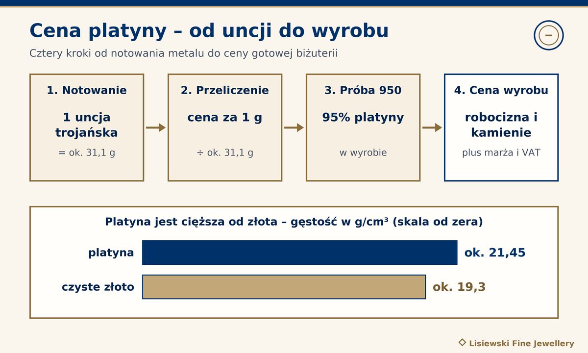 Cena platyny za gram: od uncji trojańskiej (ok. 31,1 g) przez cenę za 1 g i próbę 950 do ceny wyrobu; platyna jest cięższa od złota