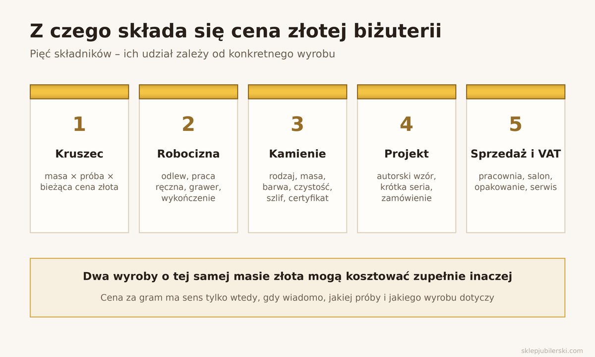 Ile kosztuje gram złota w biżuterii – pięć składników ceny: kruszec, robocizna, kamienie, projekt, koszty sprzedaży i VAT