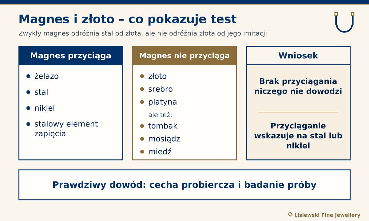 Czy magnes przyciąga złoto: magnes przyciąga żelazo, stal i nikiel, nie przyciąga złota, srebra, platyny, tombaku, mosiądzu i miedzi
