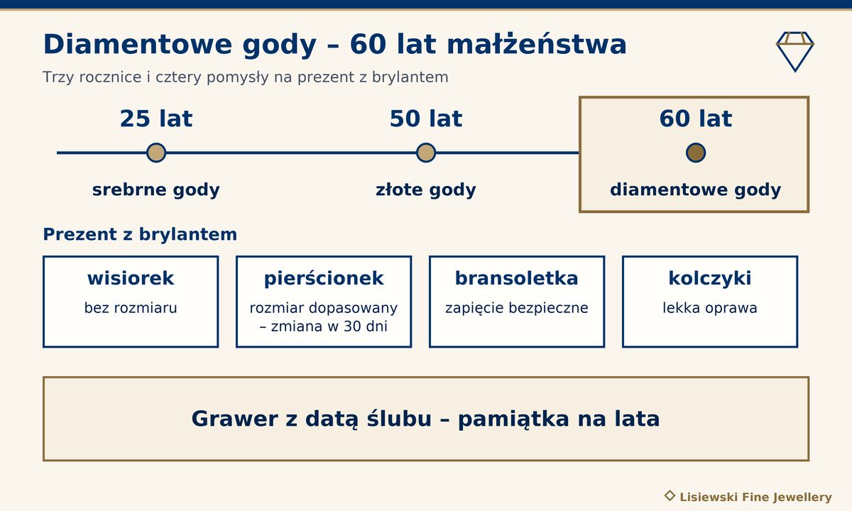 Diamentowe gody: oś czasu 25, 50 i 60 lat oraz cztery pomysły na prezent z brylantem – wisiorek, pierścionek, bransoletka, kolczyki