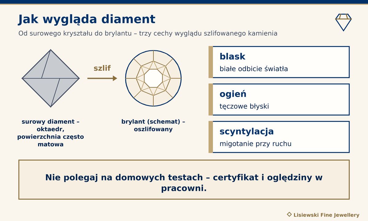 Jak wygląda diament: surowy oktaedr o często matowej powierzchni, szlif, brylant oraz blask, ogień i scyntylacja