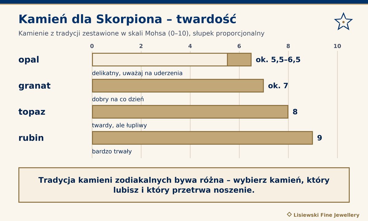 Kamień dla Skorpiona: twardość w skali Mohsa – opal ok. 5,5–6,5, granat ok. 7, topaz 8, rubin 9