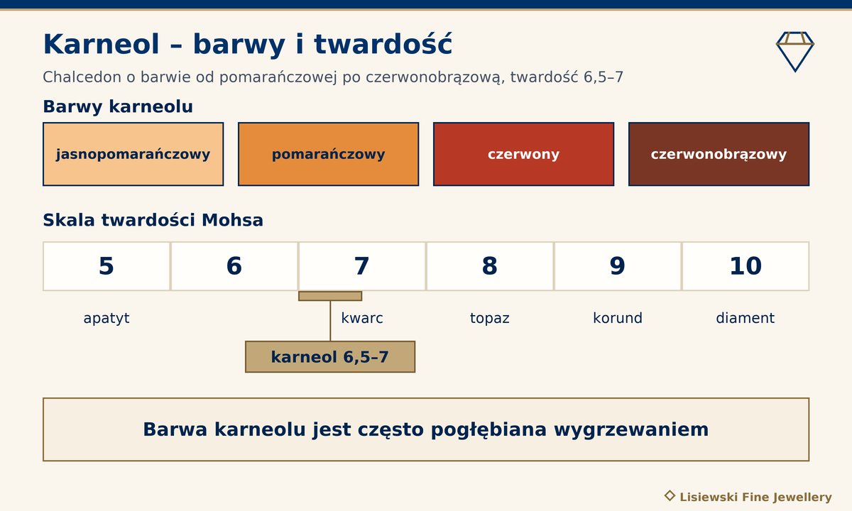 Karneol kamień – barwy od jasnopomarańczowej po czerwonobrązową i twardość 6,5–7 na skali Mohsa obok kwarcu i topazu