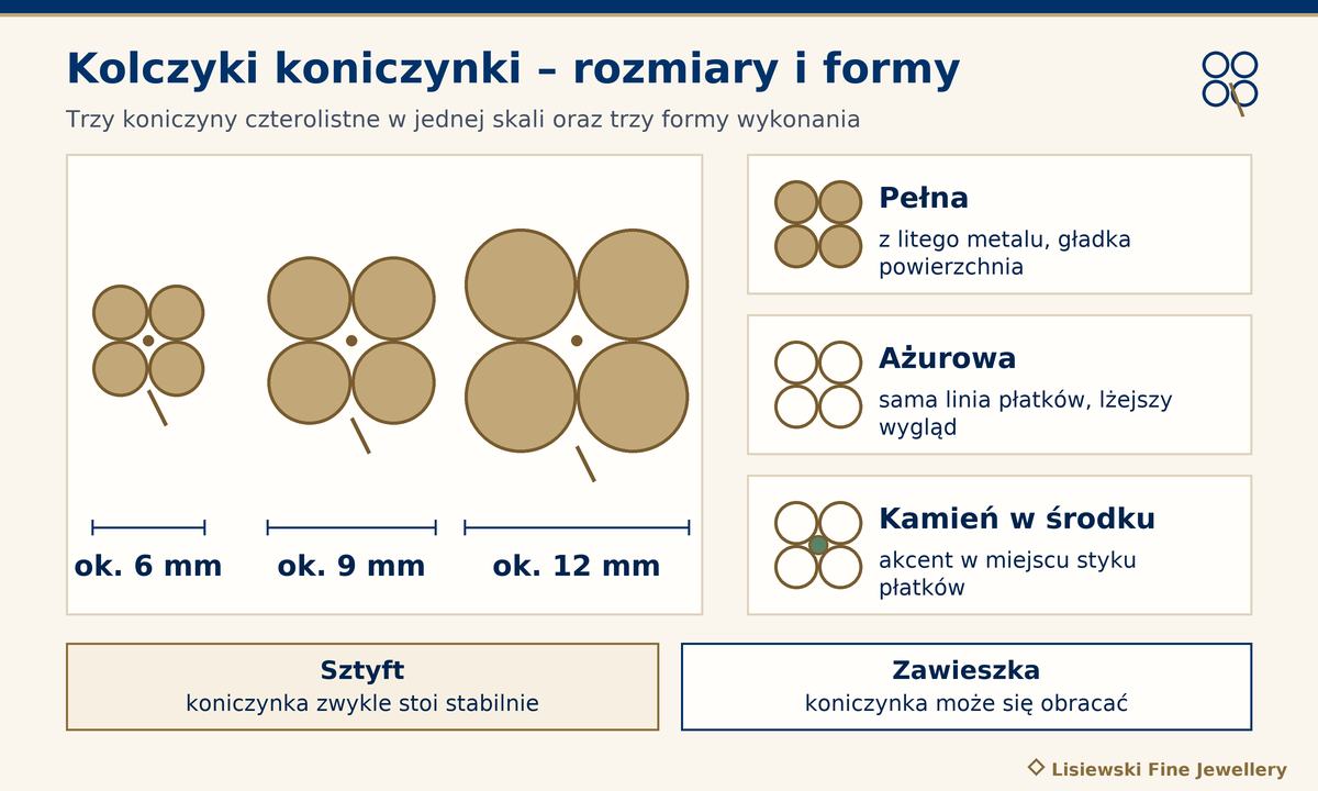 Kolczyki koniczynki w trzech wielkościach w skali: ok. 6, 9 i 12 mm, oraz formy pełna, ażurowa i z kamieniem w środku