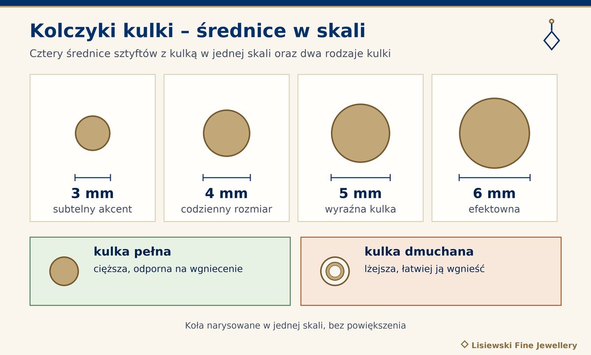 Kolczyki kulki w czterech średnicach w skali: 3, 4, 5 i 6 mm, oraz porównanie kulki pełnej i dmuchanej