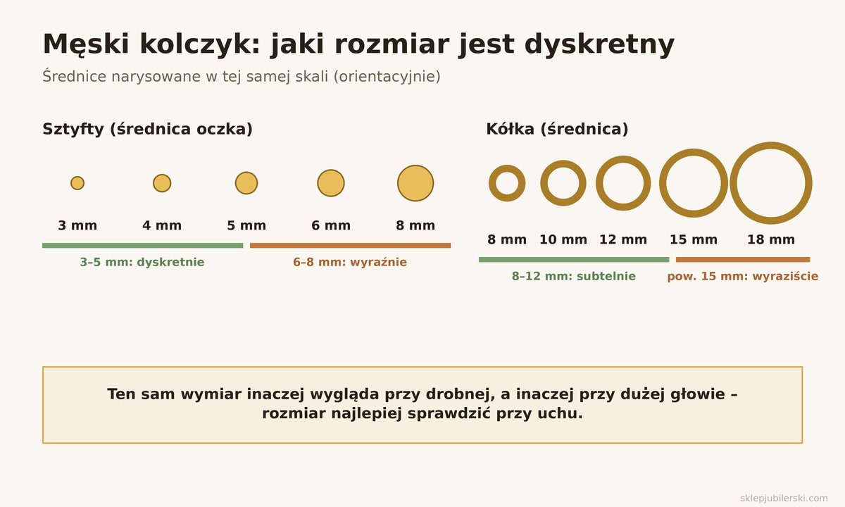 Kolczyki męskie – rozmiary sztyftów 3–8 mm i kółek 8–18 mm w tej samej skali