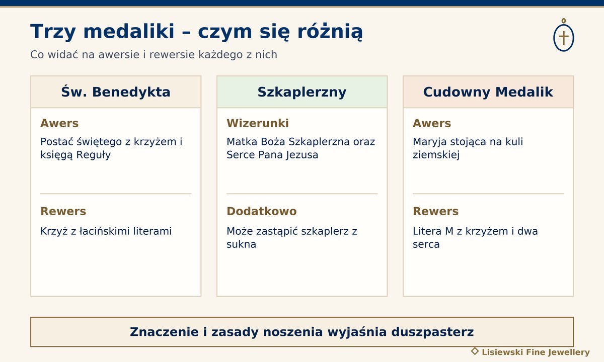 Medalik św. Benedykta, szkaplerzny i Cudowny Medalik – porównanie wizerunków na awersie i rewersie trzech medalików