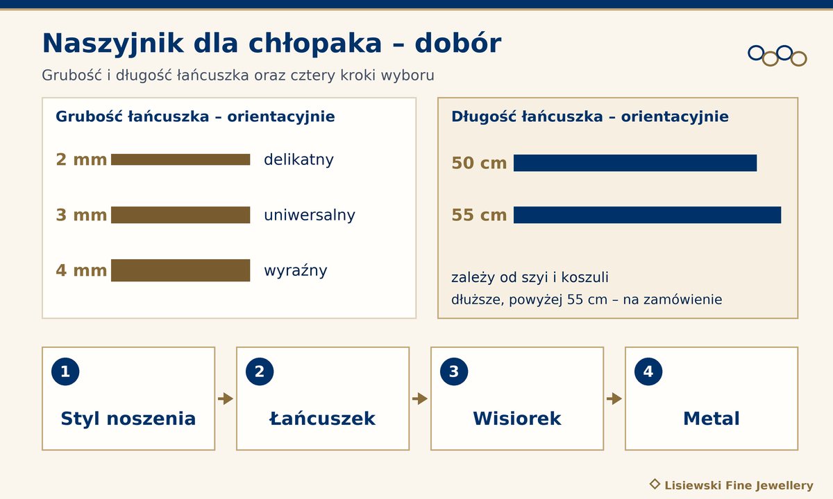 Naszyjnik dla chłopaka – grubość łańcuszka 2, 3 i 4 mm, długość 50 i 55 cm oraz cztery kroki wyboru: styl noszenia, łańcuszek, wisiorek, metal