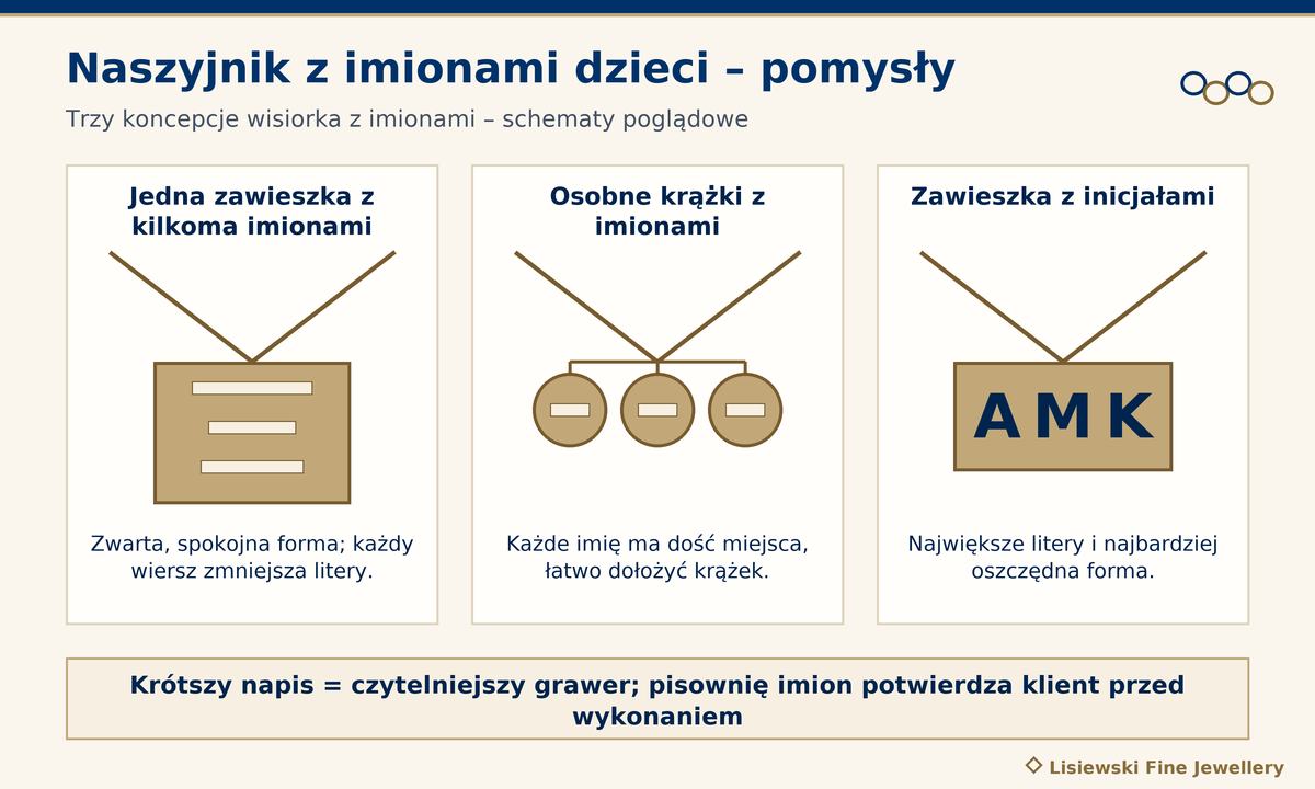 Naszyjnik z imionami dzieci – trzy koncepcje: jedna zawieszka z kilkoma imionami, osobne krążki, zawieszka z inicjałami