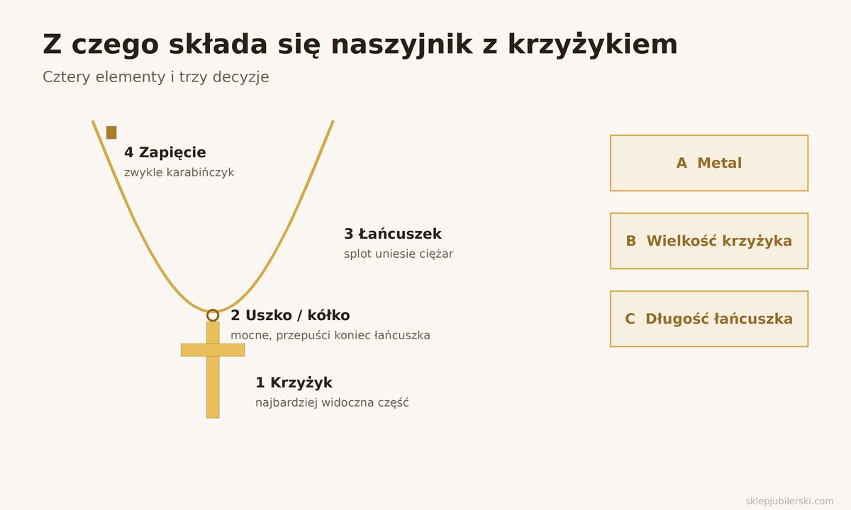 Naszyjnik z krzyżykiem – z czego się składa: krzyżyk, uszko, łańcuszek, zapięcie oraz trzy decyzje