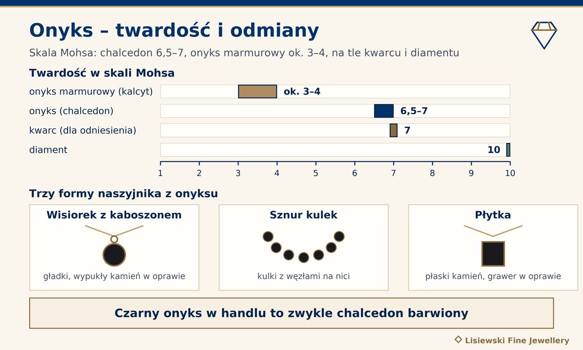 Naszyjnik z onyksu – twardość w skali Mohsa: chalcedon 6,5–7, onyks marmurowy ok. 3–4, kwarc 7, diament 10 i trzy formy naszyjnika