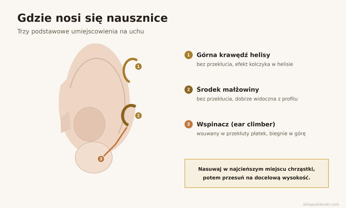 Nausznice – trzy miejsca noszenia: górna krawędź helisy, środek małżowiny, wspinacz wzdłuż płatka