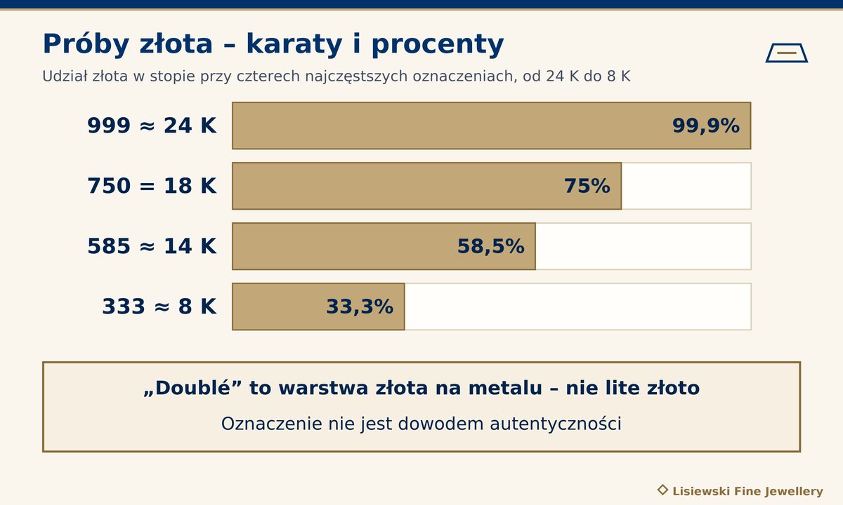 Próby złota, oznaczenia niemieckie: 999 ≈ 24 K, 750 = 18 K, 585 ≈ 14 K, 333 ≈ 8 K oraz udział procentowy złota w stopie