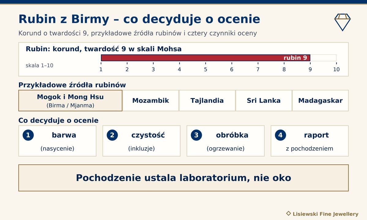 Rubin z Birmy – korund o twardości 9, przykładowe źródła rubinów (Mogok, Mong Hsu, Mozambik, Tajlandia) i cztery czynniki oceny