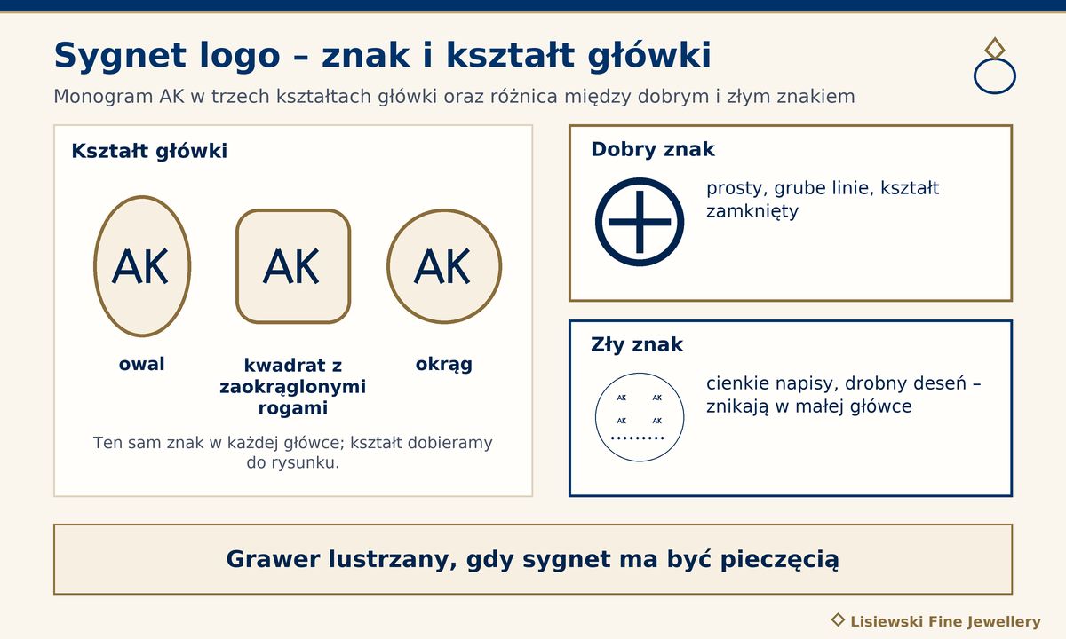 Sygnet logo – monogram AK w główce owalnej, kwadratowej i okrągłej oraz porównanie dobrego i złego znaku do grawerowania