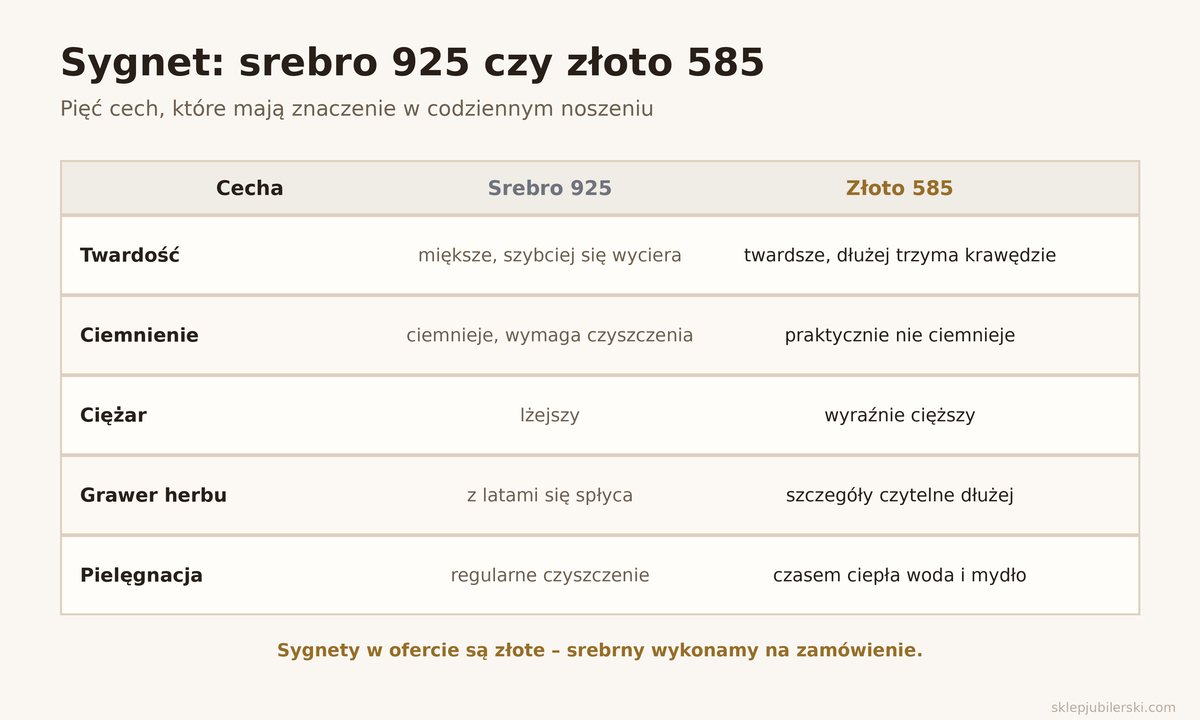 Sygnet srebrny czy złoty – porównanie srebra 925 i złota 585: twardość, ciemnienie, ciężar, grawer, pielęgnacja