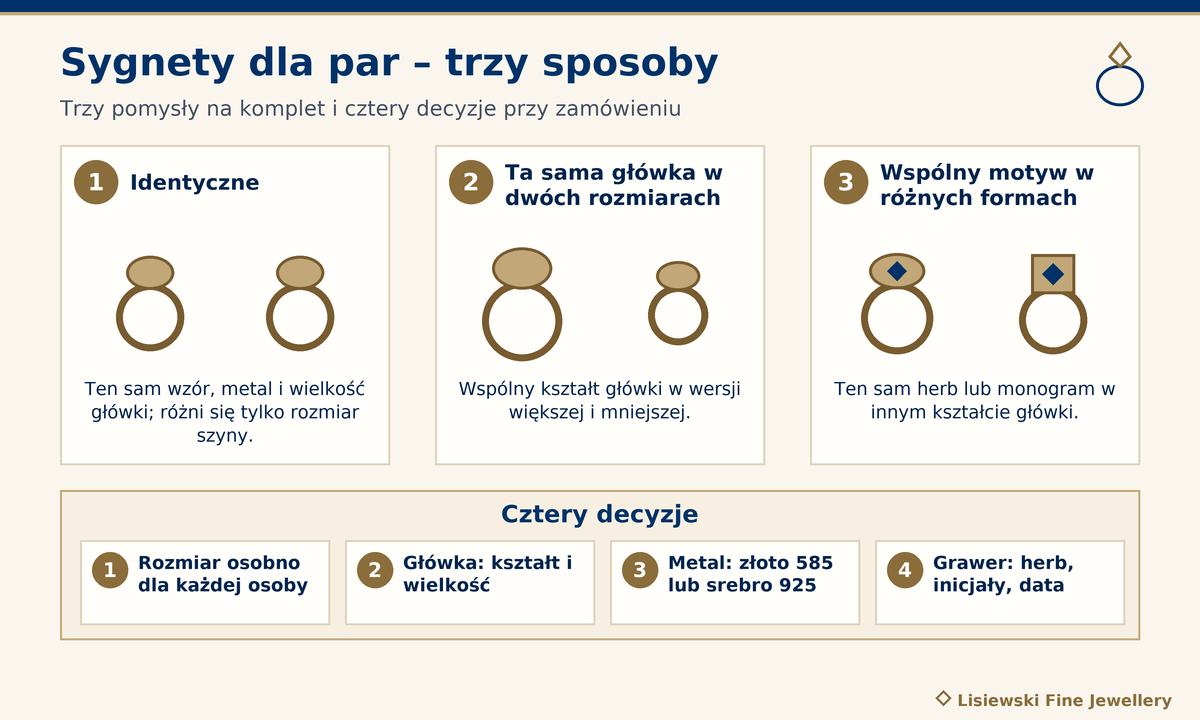 Sygnety dla par – trzy sposoby na komplet: identyczne, ta sama główka w dwóch rozmiarach, wspólny motyw w różnych formach, oraz cztery decyzje