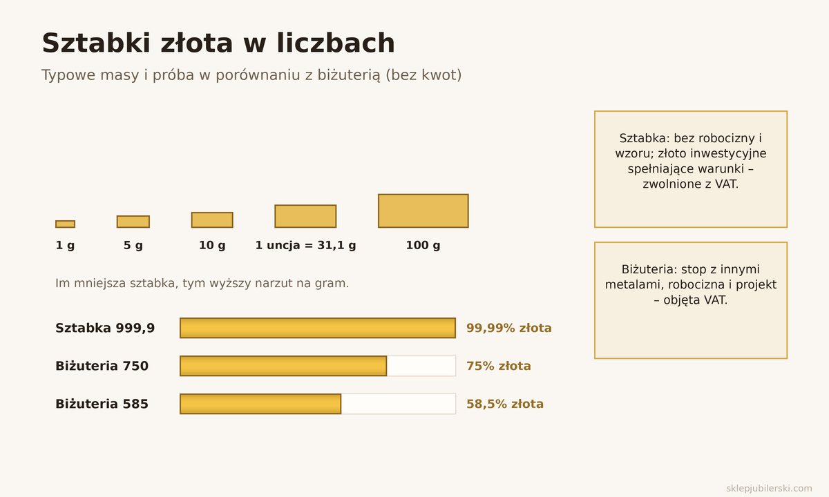Sztabka złota – typowe masy 1 g, 5 g, 10 g, 31,1 g i 100 g oraz próba 999,9 w porównaniu z biżuterią 585 i 750