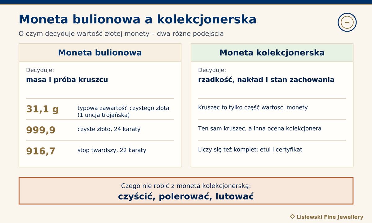 Złote monety: porównanie monety bulionowej (31,1 g czystego złota, próba 999,9 lub 916,7) i kolekcjonerskiej (rzadkość, nakład, stan)