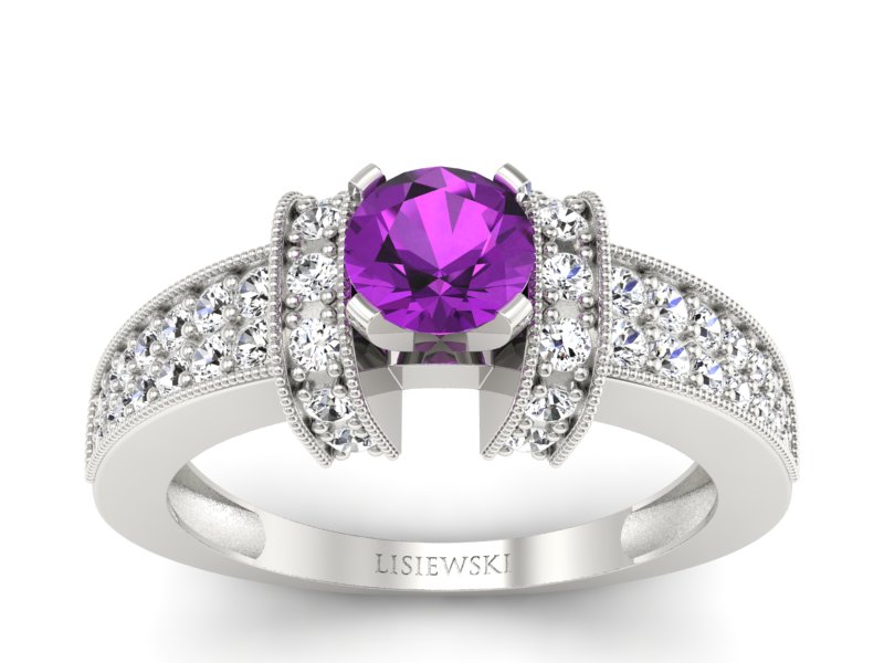 Pierścionek białe złoto z ametystem i brylantami - 1179bat - 1