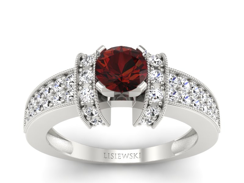 Pierścionek z granatem i brylantami białe złoto - 1179bgr - 1