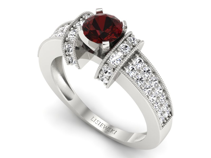 Pierścionek z granatem i brylantami białe złoto - 1179bgr - 3