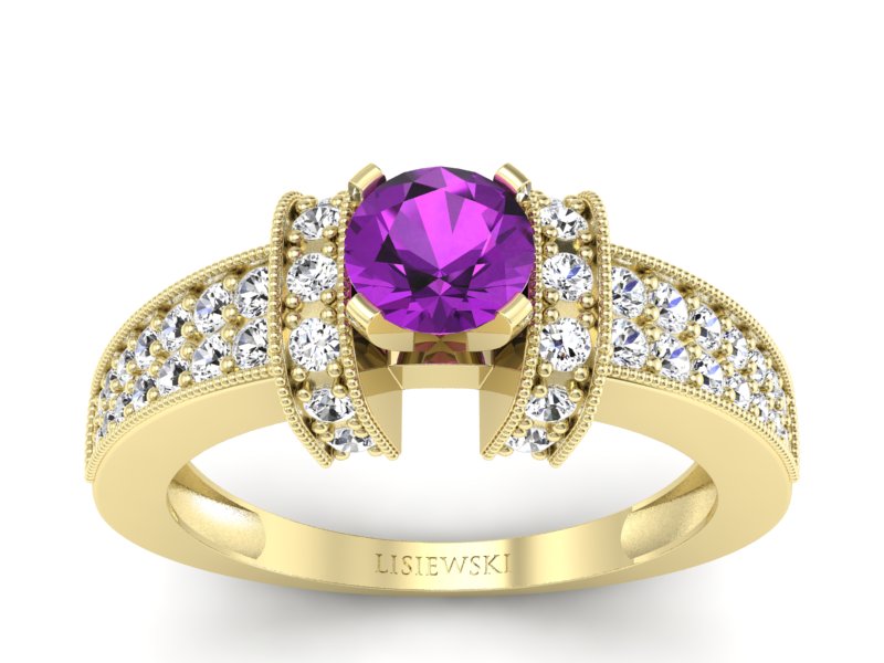 Pierścionek z ametystem i brylantami żółte złoto - 1179zat - 1
