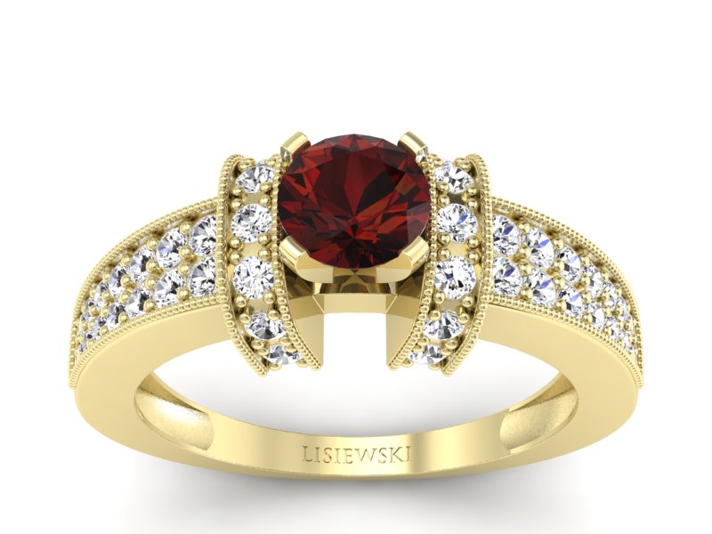 Złoty pierścionek z granatem i brylantami - 1179zgr - 1