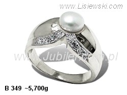 Złoty Pierścionek z cyrkoniami białe złoto i perłą - b349 - 1
