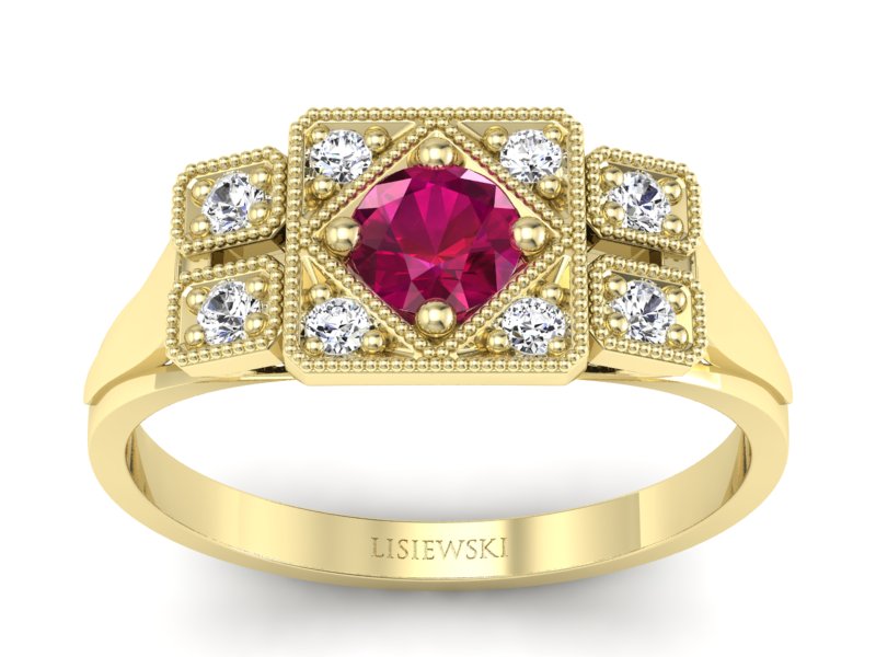 Złoty pierścionek z rubinem i brylantem - p15021zr - 1