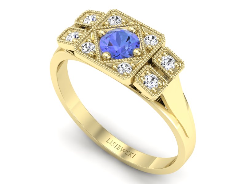 Pierścionek z tanzanitem i brylantami żółte złoto - p15021zt - 3
