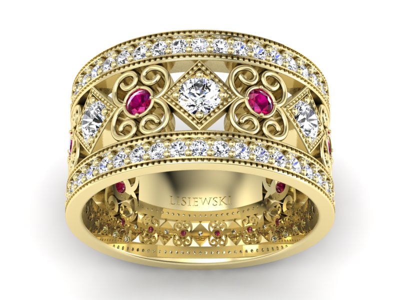 Pierścionek obrączka z brylantami i rubinami - p15022zr - 1