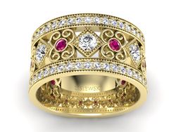 Pierścionek obrączka z brylantami i rubinami - p15022zr
