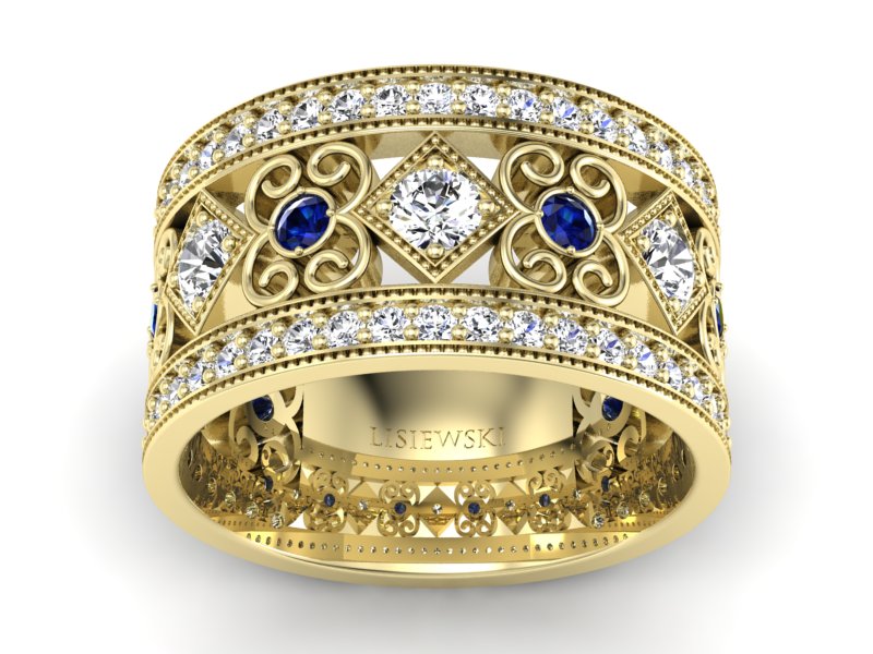 Pierścionek obrączka z brylantami i szafirami - p15022zsz - 1