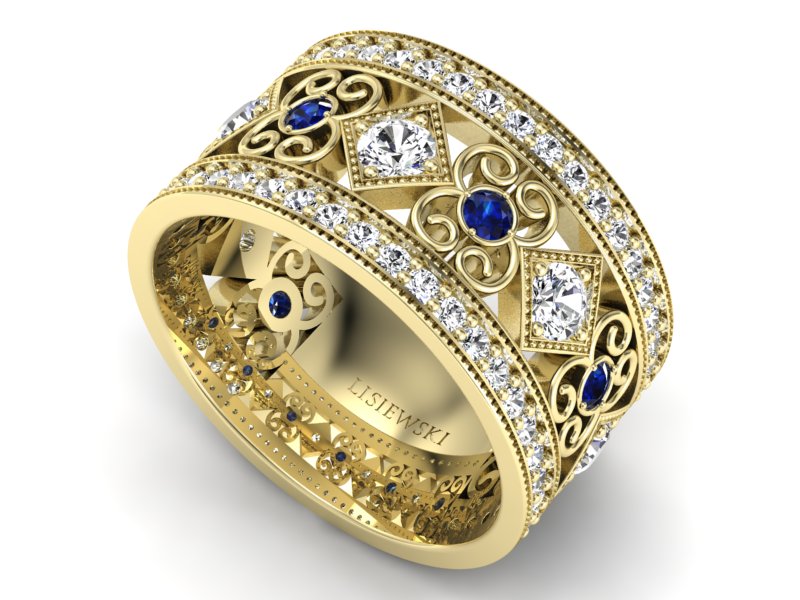 Pierścionek obrączka z brylantami i szafirami - p15022zsz - 3