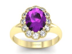 Pierścionek z ametystem i brylantami żółte złoto - p15037zat