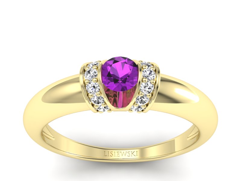 Pierścionek z ametystem i diamentami żółte złoto - p15039zat - 1
