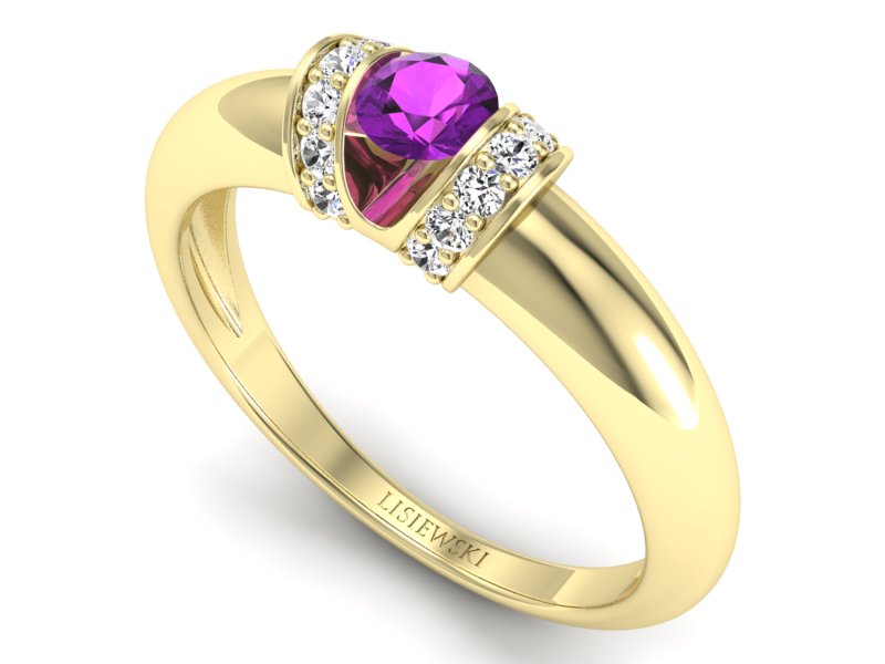 Pierścionek z ametystem i diamentami żółte złoto - p15039zat - 3