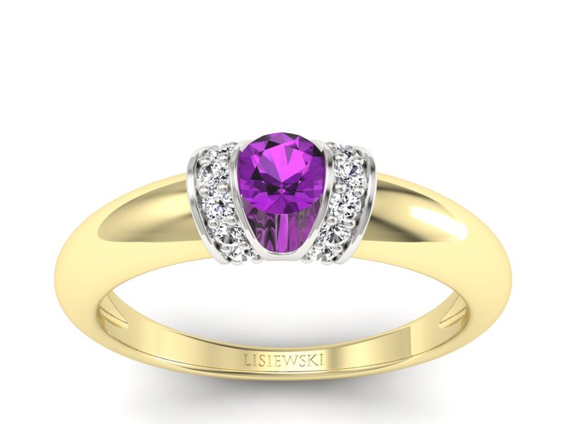 Złoty pierścionek z ametystem i brylantami - p15039zbat - 1