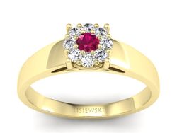 Pierścionek z rubinem i brylantami żółte złoto - p15057zr