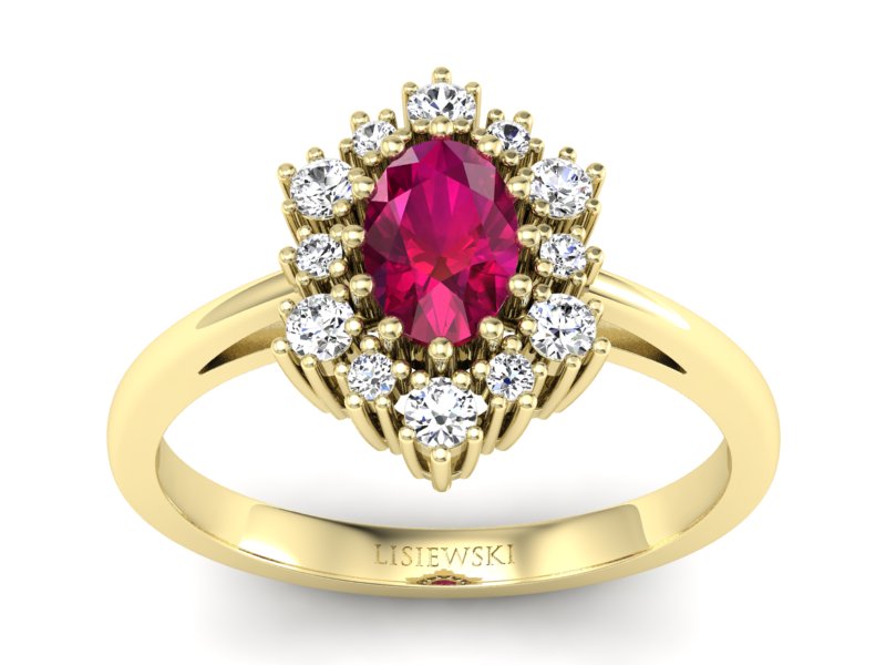 Pierścionek z rubinem i brylantami żółte złoto - p15074zr - 1