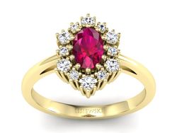 Pierścionek z rubinem i brylantami żółte złoto - p15074zr