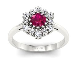 Pierścionek z rubinem i brylantami białe złoto - p15075br