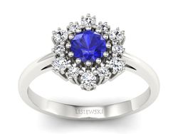 Pierścionek z szafirem i brylantami białe złoto - p15075bszc