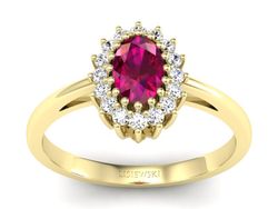 Pierścionek z rubinem i brylantami żółte złoto - p15088zr