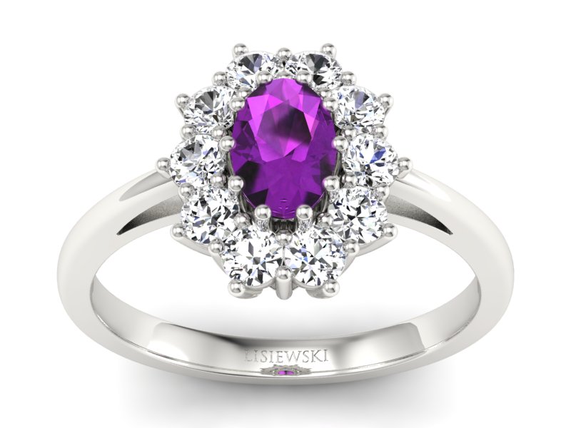Pierścionek z ametystem i brylantami białe złoto - p15089ba - 1