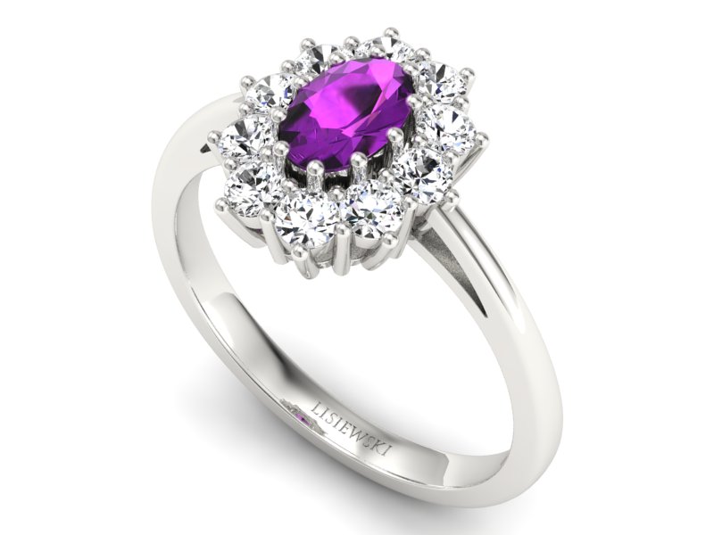 Pierścionek z ametystem i brylantami białe złoto - p15089ba - 3