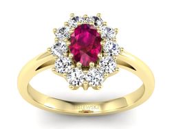 Pierścionek z rubinem i brylantami żółte złoto - p15089zr