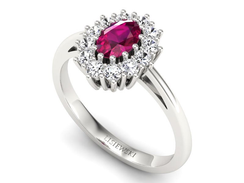 Pierścionek z rubinem i brylantami białe złoto - p15090br
